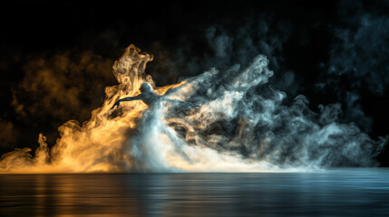 Mystical mist. Swirling smoke in dark and light symphony. Fluid fantasia. Abstract dance of fog and light on floor with black background

