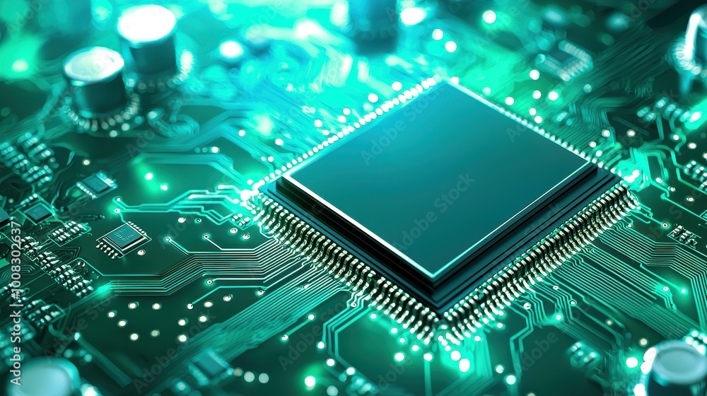 Poster close-up view of a microchip on a circuit board with glowing elements, showcasing advanced technolog