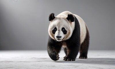 Obraz premium adult giant panda - Ailuropoda melanoleuca - is a bear species endemic to China, black and white colors isolated cutout on white background walking towards camera