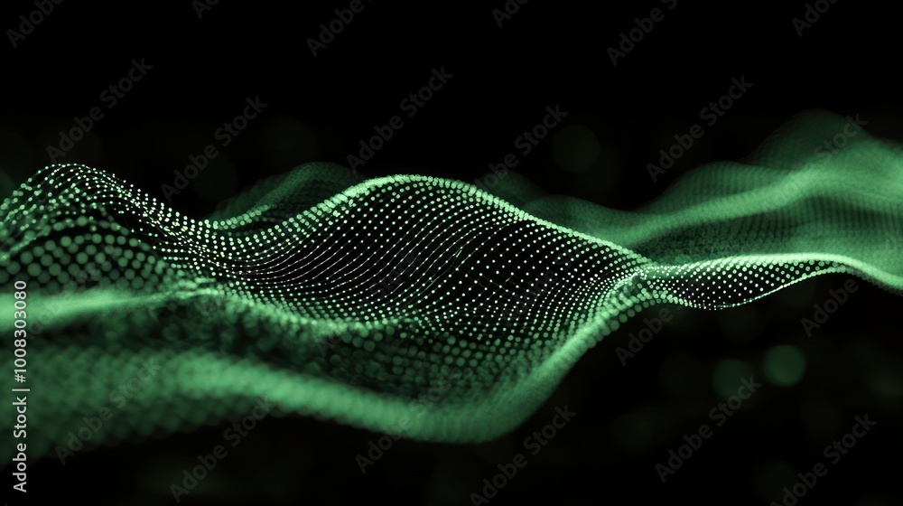 Poster abstract visualization of digital waves in green tones, representing data flow or sound.