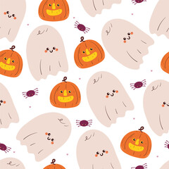 seamless pattern cartoon halloween pumpkin and ghost. cute halloween wallpaper for fabric print, gift wrap paper