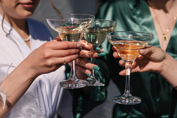 Bride and bridesmaid celebrate bachelorette spa party. Cheers. Pretty young ladies friends wear silk robes hold glasses with champagne in hotel. Closeup three female hands holding cocktails and drink.