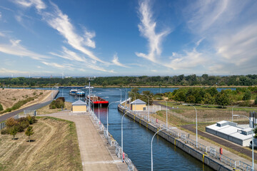 The lock in Rothenburg on the Elbe on the Mittelland Canal. A waterway junction near Magdeburg