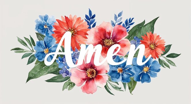 amen word lettering with watercolor painting flowers on plain white background