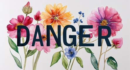 danger word lettering with watercolor painting flowers on plain white background
