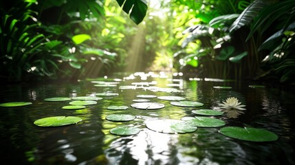 Naklejka premium A calm stream flows through a lush tropical forest, sunlight filtering through the canopy.