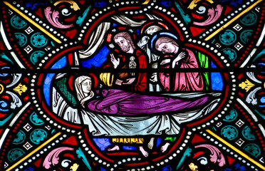 Stained glass (Nineteenth century) of Miracle of Jesus: Healing the fever of Saint Peter's mother-in-law.  .