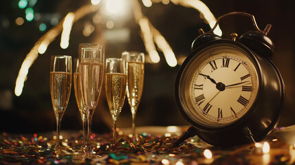 Clock striking midnight with champagne glasses and confetti for New Year