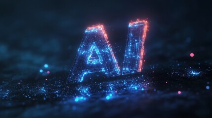 The AI symbol glows vividly in a dark, futuristic digital landscape, represented in 3D. This rendering showcases the power and prominence of artificial intelligence in a technology-driven future.. AI