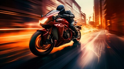 Fototapeta premium Motorcyclist riding fast through an urban street with motion blur effect.