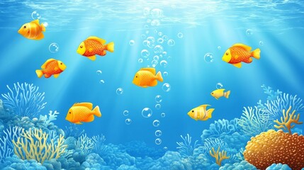 A cartoon illustration of a vibrant underwater scene with orange fish swimming amongst coral reefs and bubbles.