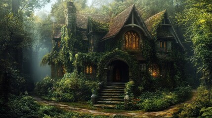 A stone cottage overgrown with vines and surrounded by a lush forest.