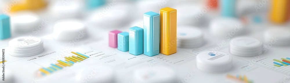 Sticker Colorful 3D Bar Graph Chart on White Background.