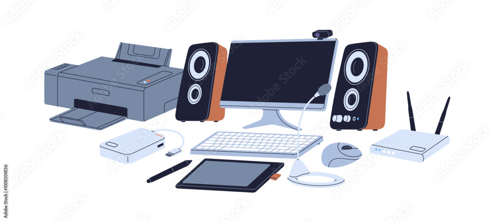 Aufkleber computer workstation setup with monitor, printer and audio equipment. workspace, workplace with digi