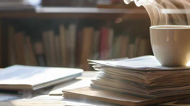 Cup of coffee steaming on a stack of books in a warm, cozy library setting, 4k footage