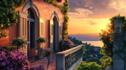 A scenic balcony with a view of the sunset over a distant city.