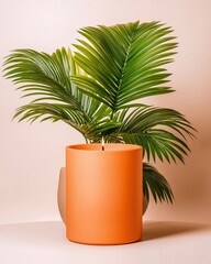 Obraz premium Stylish plant in orange pot, vibrant greenery against soft beige background