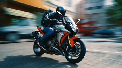 Motorcyclist in action on a city street at sunset, dynamic motion blur background.