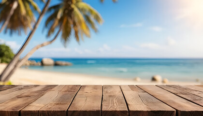 Fototapeta premium wood table bokeh coconut tree background 