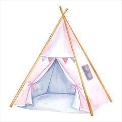 Watercolor teepee tent. Hand drawn playhouse in pastel colors. Baby accessories © Hanna ArtLab