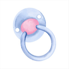 Watercolor baby pacifier. Hand drawn nursery element in pastel colors. Things for newborn. Baby accessories