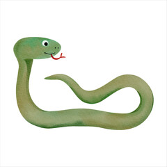 Cute watercolor snake. Illustration of hand drawn green snake. Wild jungle safari animals.