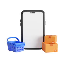 Smartphone with Parcels box and shopping cart e-commerce 3d illustration background
