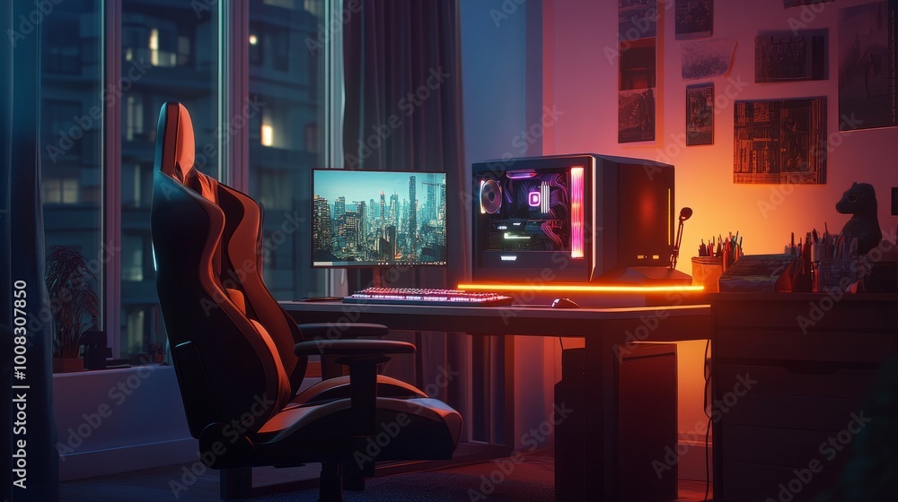 Poster computer game desk glowing with srgb lights, clear dimly lit window visible, creating a cozy yet vib