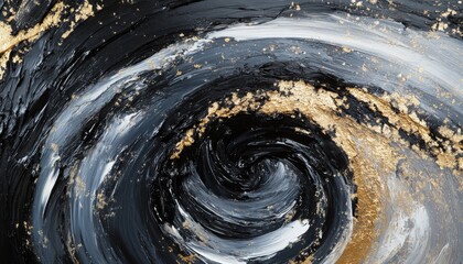Abstract swirl painting in black, white, and gold.