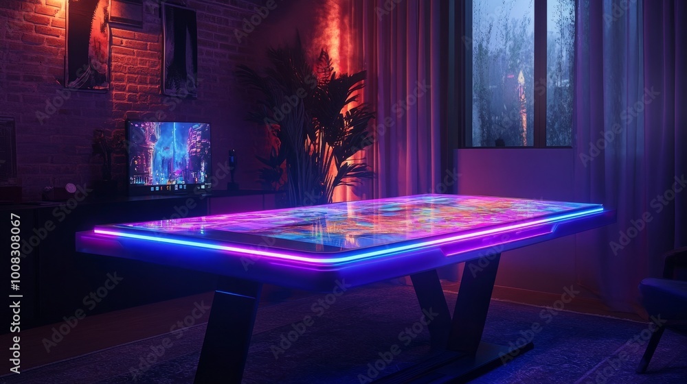 Poster computer game table with vibrant srgb lighting, clear window visible in a dimly lit room, creating a