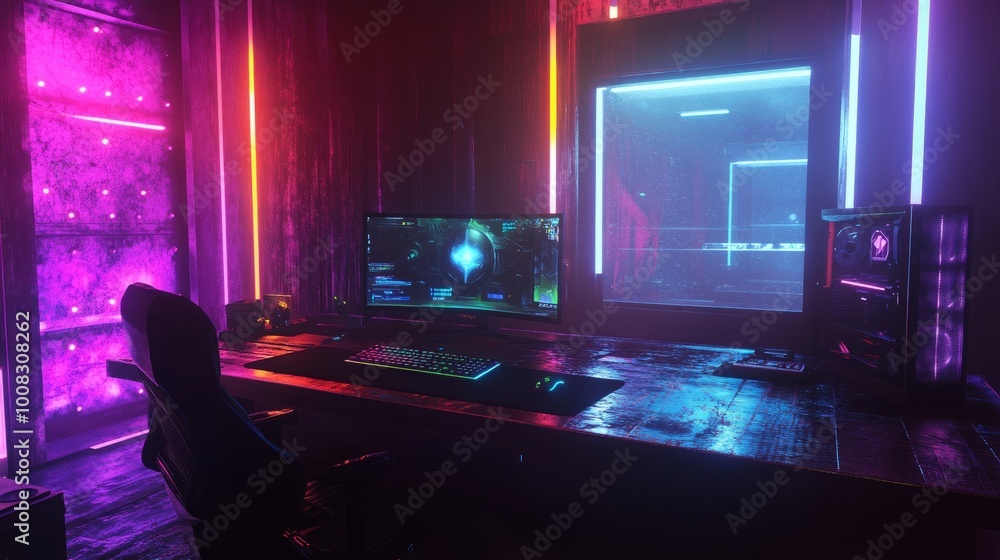 Poster computer game table with vibrant srgb lighting, clear window visible in a dimly lit room, creating a