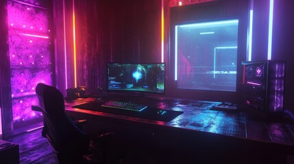 Computer game table with vibrant sRGB lighting, clear window visible in a dimly lit room, creating an immersive gaming vibe