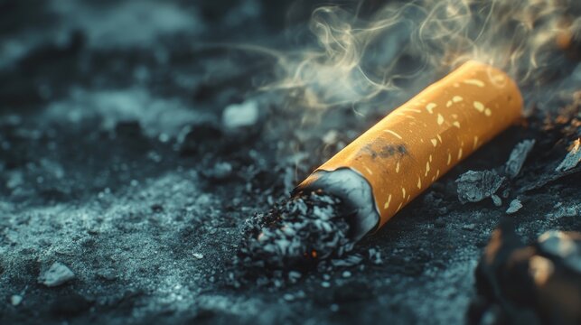A smoldering cigarette with smoke rising from the tip, set in a dark, ashen environment. The image captures the harmful effects of smoking and littering, emphasizing the leftover debris.. AI