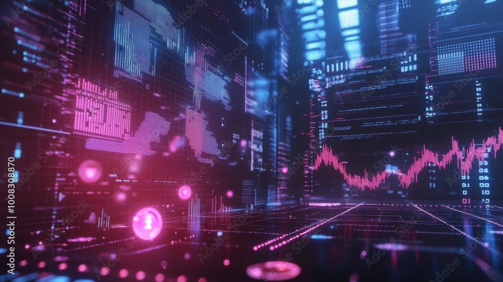 Poster a high-tech digital chart glowing in a modern finance interface, showcasing the rise and fall of fin