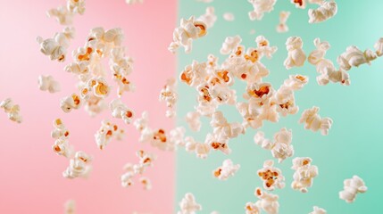 A burst of popcorn kernels flying in the air