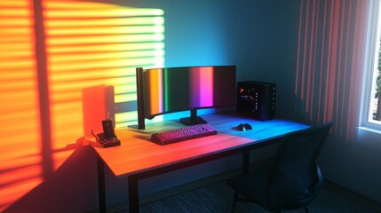 Gaming setup with a multi-colored sRGB-lit table, dim lighting from a clear window, casting soft shadows around the room