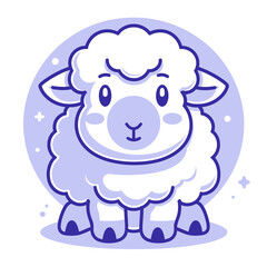 A cute cartoon sheep with a smile on its face. The sheep is sitting on a blue background