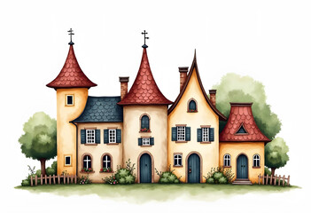 Half timbered houses in Rotenburg an der Fulda, Germany, watercolor sketch illustration.
