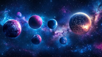 Naklejka premium A cosmic network of planets connected by glowing lines.