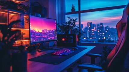 Gaming table with vibrant sRGB lights, room featuring a dimly lit window, clear glass reflecting the colorful lighting for a moody gaming atmosphere