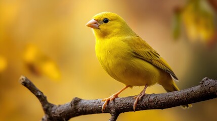 Fototapeta premium A yellow canary perched on a branch with a blurred golden background.