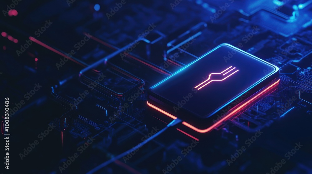 Poster neon glowing fork icon on a dark tech background with blue and red light.