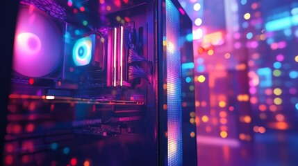 High-end gaming computer case with tempered glass window, illuminated interior with vibrant RGB lights showcasing advanced hardware
