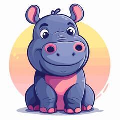 Fototapeta premium A cute cartoon hippo with a pink nose and a smile. The hippo is sitting on its hind legs and looking at the camera
