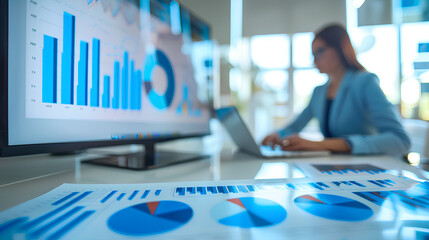 Businesswoman presenting a strategy with statistical icons overlaying her slides in a conference room