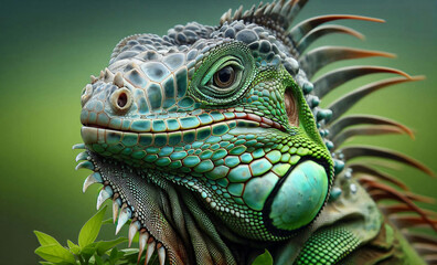 Fototapeta premium Leguan Portrait in natürlicher Umgebung, grün, close-up und copy space
