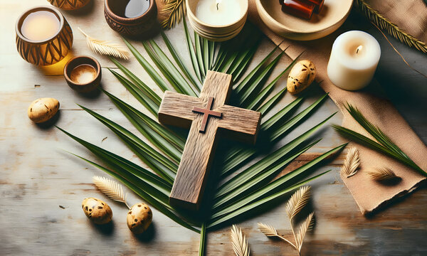 Palmsonntag Konzept. Fastenzeit, Karwoche und Karfreitag-Konzept Palmblatt und Kreuz auf Steinhintergrund