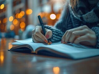 Person writing in a notebook with a pen, warm bokeh background.
