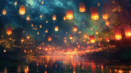 A night sky filled with glowing lanterns reflecting in a calm lake.