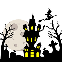 Witch flying over the moon and haunted house
